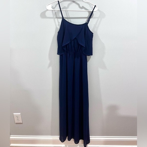 Navy blue ruffle chiffon maxi dress size XS - Picture 2 of 6